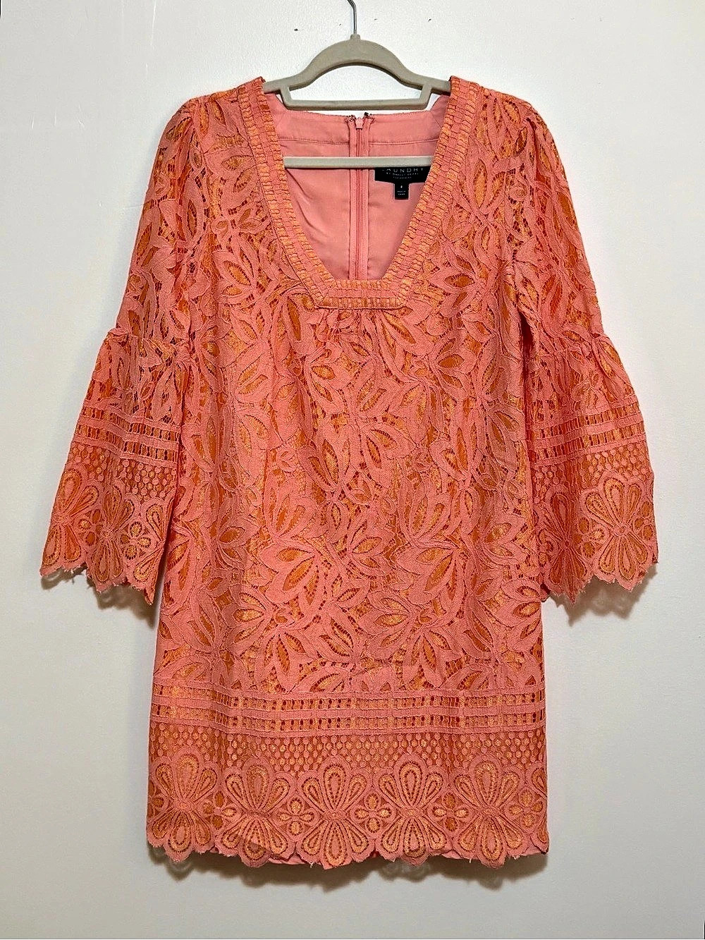 Laundry Coral Pink Floral Lace Bell Sleeve Shift Dress